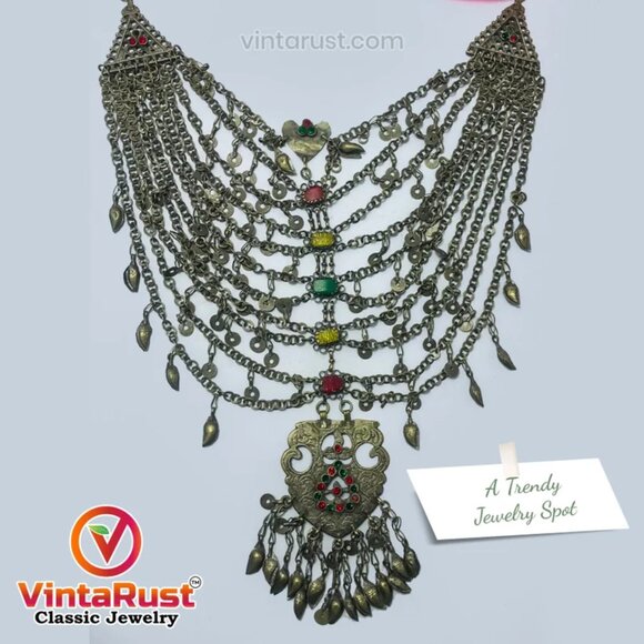 Kuchi Silver Vintage Multilayers Bib Necklace With Dangling Massive Pendant - Picture 4 of 8